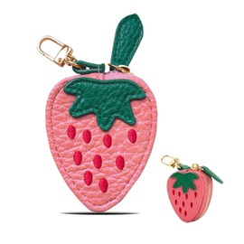 Tusztus Strawberry Fruit Bag Charm Cute Mini Coin Purse Keychain,Small Leather Coin Pouch Change Purse for Backpack Decoration,Pink Wallet Pouch Gifts for Girl Women