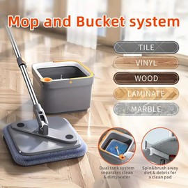 Spin Mop and Bucket with Wringer Set – 360 Spinning Mop System,Dirty Clean Water Separator, 47" Adjustable Stainless Steel Handle, for Floor Cleaning