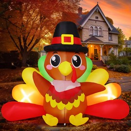 GOOSH 7 FT Long Thanksgiving Inflatables Baby Turkeys Outdoor Decorations Blow Up Yard Big Colorful Tail Turkey Baby with Pilgrim Hat with Built-in LEDs for Garden Lawn Indoor Party Decor