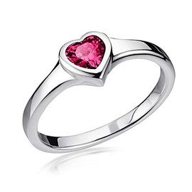 Materia Women's Red Heart Ring 925 Silver Engagement Ring Rhodium-Plated with Zirconia, Silver, Cubic Zirconia