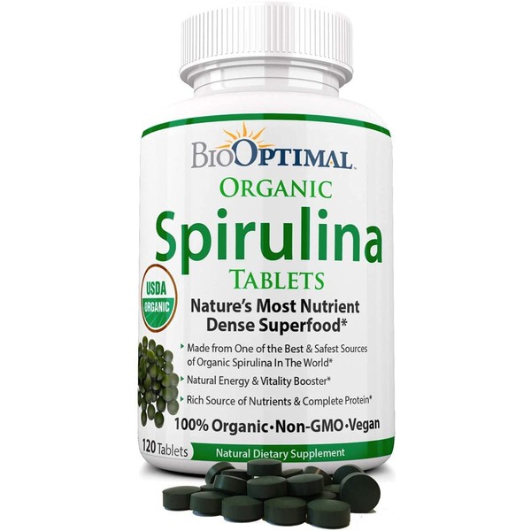 Organic Spirulina Tablets, 100% USDA Organic, Premium Quality 4 Organic Certifications, Non-GMO, No Additives Capsules or Fillers, 120 Count 1 Month Supply