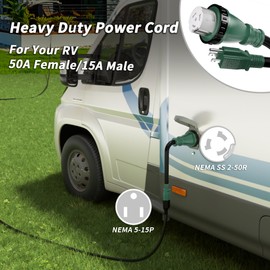 PlugSaf 50 Amp to 15 Amp 110V RV Adapter Plug, 15A Male to 50A Female RV Power Adapter with Twist Lock Plug, Dogbone Electrical for Camper, NEMA 5-15P SS 2-50R, 10/3 STW Cord 12" Green