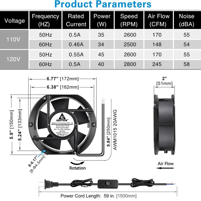 GDSTIME Axial Fan 17251, 110V 120V AC 172mm x 150mm