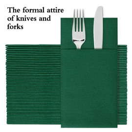 IYLLLWLY Green Paper Napkins Disposable, Dinner Napkins with Built-in Flatware Pocket, Cloth Like Napkins, Prefolded for Knives and forks Linen-Feel Hand Napkins for Parties, Weddings, Events, 50 Pack