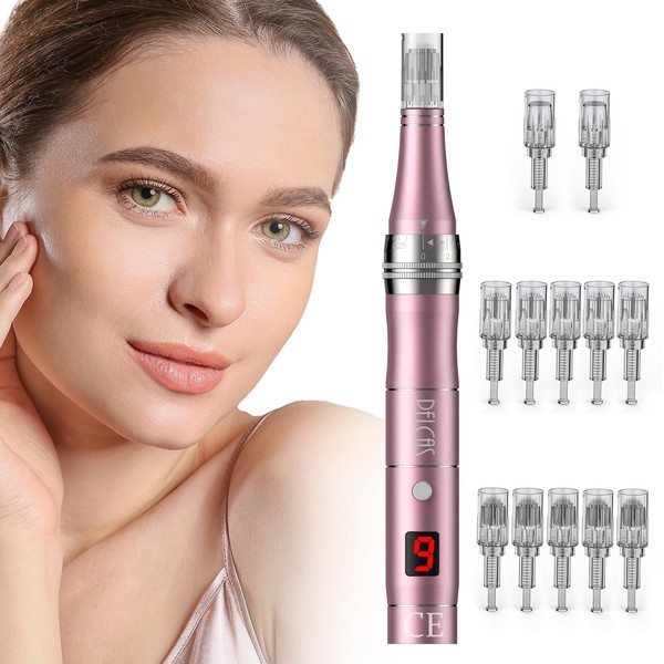 PELCAS Rechargeable Auto Derma Micro Needle Roller Electric Pen Anti Ageing Skin Therapy Device with 3 Speed Levels Incl. 2 Needle Heads Wrinkle Stretch Marks Acne Scar Reusable