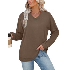 WIHOLL Sweatshirt for Women Trendy 2025 Long SLeeve Shirts Chocolate Brown Fall Clothes Fashion Winter V Neck Sweaters L
