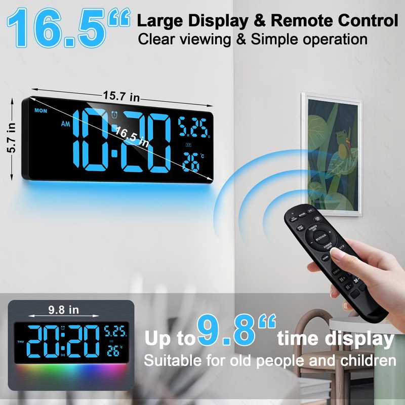 16.5" Digital Clock Large Display with Remote Control, 6-Color Night