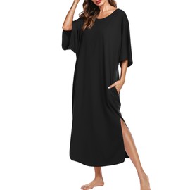 Ekouaer Womens V-Neck Cotton Nightgown Oversized Loose Fit Long Sleep Dress,A_black,Medium