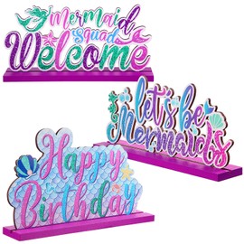 3 Pieces Mermaid Table Centerpieces Under The Sea Wooden Table Ornaments Mermaid Birthday Party Decors Sea Animal Table Toppers for Coastal Beach Ocean Theme Baby Shower Wedding Tiered Tray