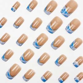 Gold Press on Nails Short Square Fake Nails Blue French Tip False Nails Wave Glossy Full Cover Acrylic Nails Summer Glue on Nail Artificial Cute Stick on Nail for Women Manicure 24Pcs