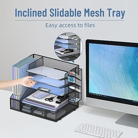 SUPEASY Organizador de escritorio con soporte para archivos, bandeja de papel de 5 niveles con malla y clasificador de archivos inclinado de 3 niveles