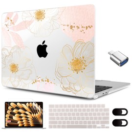 MEEgoodo for M3 MacBook Air M2 Case 2024 2023 with M3 M2, Clear Case Fit Model A3114 A2941 for MacBook Air 15 inch,Laptop Hard Shell Case with Keyboard&Webcam Cover&OTG Adapter,Tropical Pink Flowers