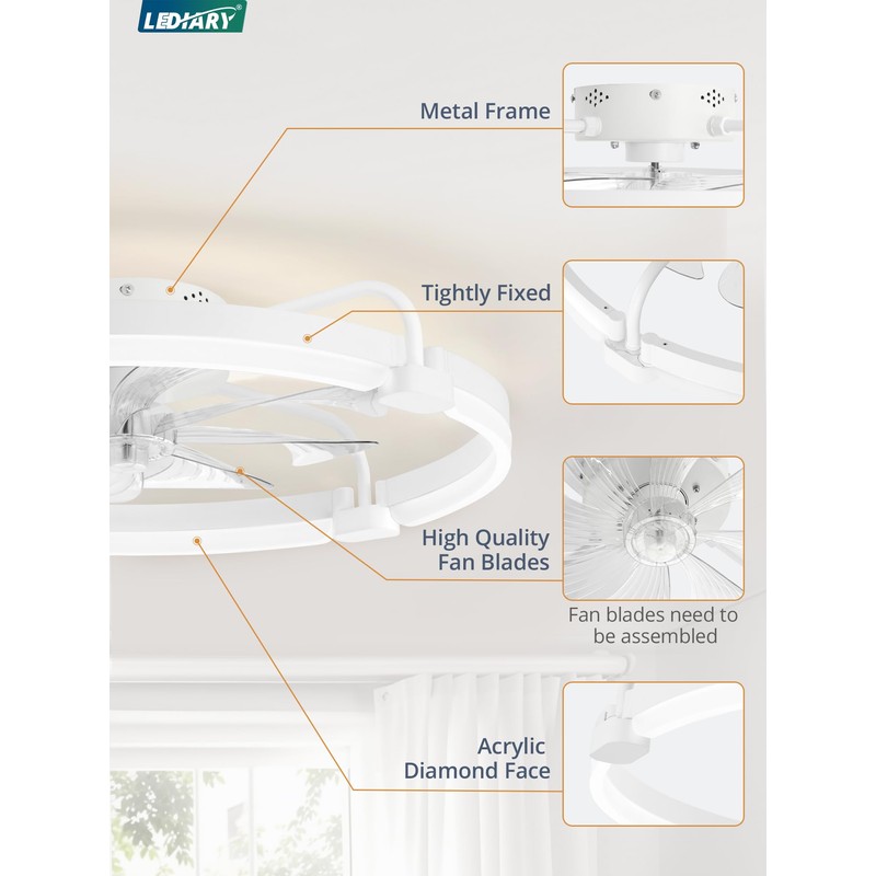 LEDIARY Ceiling Fans with Lights and Remote, 24'' Low Profile