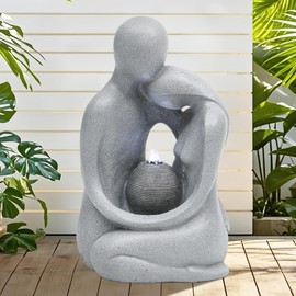 Autodaya 20.9in Hugging Couple Outdoor Water Fountain with LED Lights, Modern Couple Silhouette Garden Water Fountain for Patio, Yard,or Indoor Décor