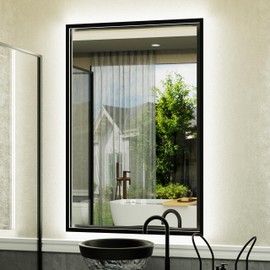 JSneijder 24"x36" Black LED Bathroom Mirror, Dual Front and Back Lights, Adjustable 3 Color & Dimmable - Floating Glass Design - Wall Mounted Anti-Fog Lighted Vanity Mirror(Horizontal/Vertical)