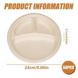 WIYETY Pack of 50 Sugar Cane Plates: Paper Plates Large with 3 Compartments, 23 cm Dinner Plates, Biodegradable, Environmentally Friendly & Compostable, Paper Plates for Party, Household, Picnic