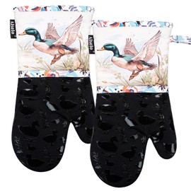 Alselo Oven Mitts, Heat Resistant with Soft Quilted Cotton Lining Set of 2, Fashion Duck Design with Silicone Printing Anti-Slip Kitchen Gloves for Safe Backing Cooking Barbecue (Darkgray, Duck)