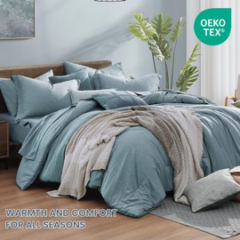 Monbix Queen Comforter Set - 7 Pieces Dusty Blue Cationic Dyeing Bed in a Bag Queen Bedding Sets with Sheets, Pillowcases & Shams, Reversible Bedding Comforters