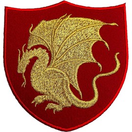 King Arthur Pendragon Patch (4 inch) Red Velvet + Gold Embroidery Iron/Sew on Applique Embroidered Dragon Emblem Badge Arthurian Legend Myth Costume Cosplay Cloak Robe Jacket Battle Flag Banner Crest