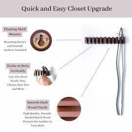 Beechwood Belt Hanger for Closet - Dark Wood Finish Organizer (10.75" x 2.5" x 1.7") - Holder With Mount Hardware for 10 Belts