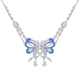 EUSJ 925 Sterling Silver Butterfly Pendant Necklace for Women 18’’+2’’ Chain Blue White Gemstone Butterfly Jewelry Gifts for Daughter Mom-Sapphire Butterfly