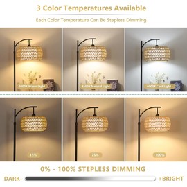 Arc Floor Lamp for Living Room Rattan Boho Floor Lamp with Remote Control,Dimmable LED Floor Lamp Wicker Lamp Shades Black Standing Lamp with 3 Color Temperature Tall Floor Lamp For Bedroom Corner