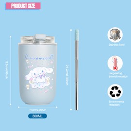 HOOKTA Kitty Cinnamon Water Bottle, 280 ml, Leak-Proof Water Bottle with Straw, Drinking Cup, Stainless Steel Bottle for Work, Travel, Outdoor, School (Blue)