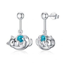 Pytali Cat Earrings 925 Sterling Silver Earrings Hypoallergenic Nickel Free Earrings for Sensitive Ears Silver Animal Stud Earrings Jewelry Gift for Women Mom Wife(Turquoise)