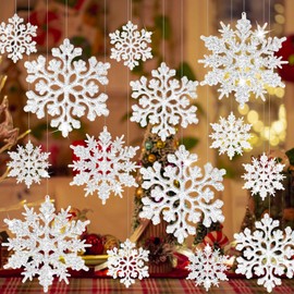 JULMELON Christmas Snowflake Ornaments, 48 PCS Glitter Snowflake Decorations 2 Different Silver Snowflake Christmas Decorative Hanging Ornaments for Christmas Decorating