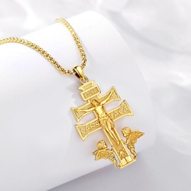 Exltoy Mens Cross Necklaces Gold - 18k Gold Plated cruz de caravaca Jesus Crucifix Necklace, Sterling Silver Pardon Crucifix Christian Religious Jewelry for Protection and Faith - 24" Chain Included,