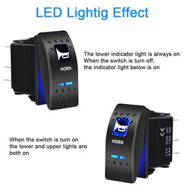 AUKA Momentary Horn Rocker Switch Waterproof 12V/20A 24V/10A, 5Pin SPST Mom (ON)-Off Toggle Switch Blue LED Light, with Jumper Wires Set for Car Truck Marine Boat Trailer 4x4 Caravan RV SUV ATV UTV