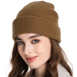 100% Merino Wool Beanie Hat for Women Men, Cuffed Knit Warm Winter Hats,Slouchy Beanies Fisherman Skull Cap Watch Caps Camel