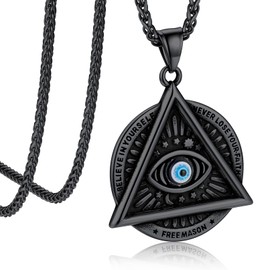 Bandmax Men's Pendant Necklace Stainless Steel Curb Chain Turkish Blue Eye/Masonic Dog Tag Pendant Chain Punk Biker Amulet Jewellery Length 55 cm + 5 cm, Metal, No Gemstone