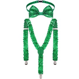 Pistha Sequin Bowtie and Suspender Set Adjustable Shiny Green Suspenders Neck Tie Bow Tie for Men Big Boys St Patrick's Day Party Supplies