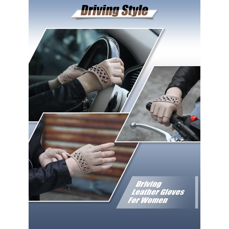 FIORETTO Women's Fingerless Leather Gloves for Driving, Motorcycle, Goth, Cosplay