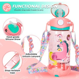 Kids Water Bottle with Straw/Lanyard for School Kids Girls Boys, 22 oz BPA Free Child Drinking Water Bottle One-Click-Open Leak-Proof Locking Flip Lid for Back to School Sport Travel