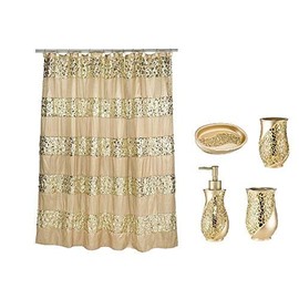 Popular Bath 5 Piece Sinatra Champagne and Gold Shower Curtain and Resin Bath Accessory Set
