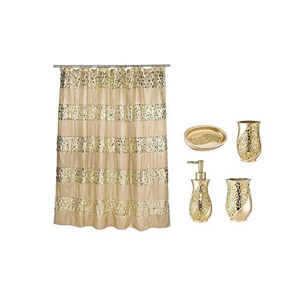 Popular Bath 5 Piece Sinatra Champagne and Gold Shower Curtain