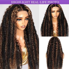 Highlight Deep Wave Lace Front Wigs Human Hair 20 Inch 13x6 HD Transparent Lace Front Wigs 200 Density 1/30 Ombre Brown Curly Wig for Women Pre Plucked with Baby Hair