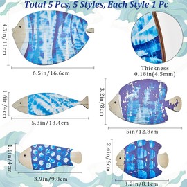 CREATCABIN 5Pcs Wood Fish Wall Decor Nautical Beach Decor Wooden Coastal Ocean Wall Art Decor Vintage Dodger Blue Fish Wall Hanging Sculptures Ornaments with Stickers for Home Lake House Bathroom