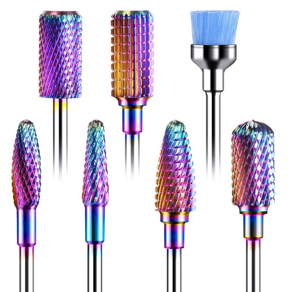 MELODYSUSIE Nail Drill Bits Set Carbide Less Dust Professional 3/32 Inches Nail Bits Filing Acrylic Nails Gel Nails Down Removing Cuticle Tools for Electric Nail Files Drill Machine, 7pcs, Rainbow