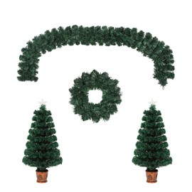SOFTSEA Pre-lit Christmas 4-Piece Set, Artificial Garland, Wreath and Set of 2 3FT Entrance Tree with LED Lights for Porch Decorations, Lighted Holiday Christmas Tree Indoor and Outdoor Use, Green