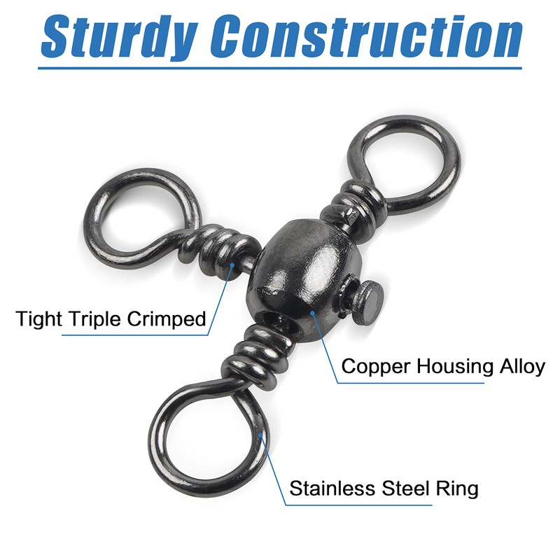 Three 3 Way Barrel Fishing Swivels Cross-Line - 60pcs T-Turn