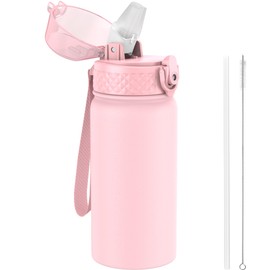 GOPPUS 420ml/14oz Kids Insulated Water Bottle with Straw Cute Double Wall Stainless Steel Child's Small Flask Vacuum Insulated Steel Metal Leak Proof Drink Flask Boys Toddler Girls Bottles BPA-Free