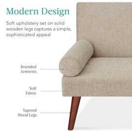 Best Choice Products Mid-Century Modern Upholstered Futon, Convertible Folding Sofa Bed, Small Couch w/Rounded Armrests, 2 Cupholders - Sand