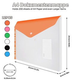BOENFU Document Wallet A4 Filing, Pack of 12 Document Folders A4 for Filing, Waterproof Expandable Folders with Press Stud, 11 Holes Envelope Folders, 6 Colours