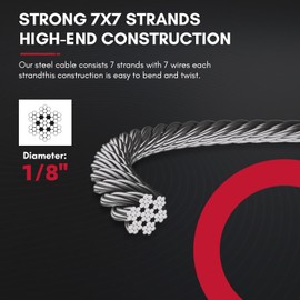 Rayzi Stainless Steel Cable for Railing - 100FT 1/8" T316 Wire Rope Cable for Deck Railings System Kit, with a Cutter, 1800 lb Breaking Strength, 7x7 Strands Aircraft Cable, Silver