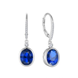 FJ Oval Hanging Earrings Women's 925 Sterling Silver Birthstone Earrings Jewellery Gifts for Women, Sterling Silver Cubic Zirconia, Sapphire