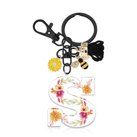 Oubaka Alphabet Initial Letter Keychain Keyring for Women, Acrylic Letter Initials Keyring Cute Letter Keyring Alphabet Keyrings Tassel Bee Flower Pendant Key Ring for Backpack Handbag(Letter S)