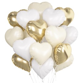 Heart Foil Balloons, Pack of 24, White, Cream White, Light Gold, Heart Helium Balloons, Helium Balloon Hearts, Heart Balloons, Heart Shape Foil Balloon, Heart Balloons for Birthday, Wedding